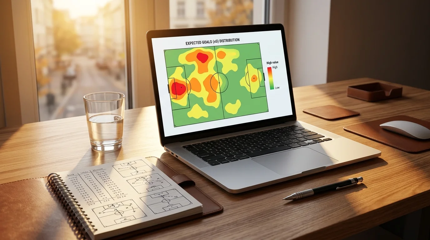 Expected Goals Analyse: xG-Daten auf einem Laptop neben Fußball-Notizen